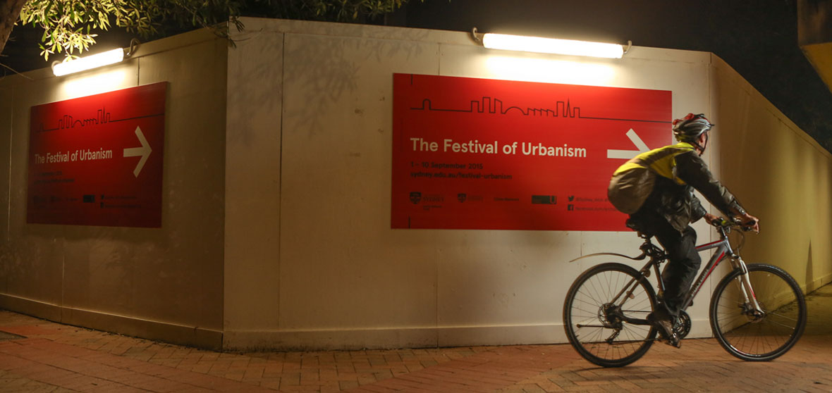 Corflute Signage on Timber Hoarding for The University of Sydney Festival of Urbanism by Mesh Direct
